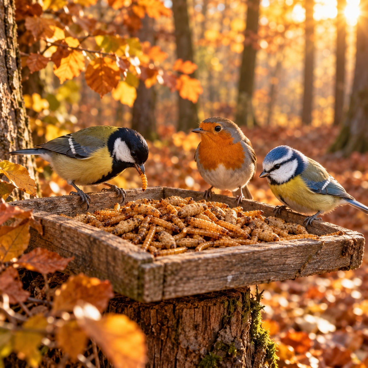 Kohlmeise, Blaumeise und Rotkehlchen an einer Futterstelle im Herbstwald mit InsektenMix