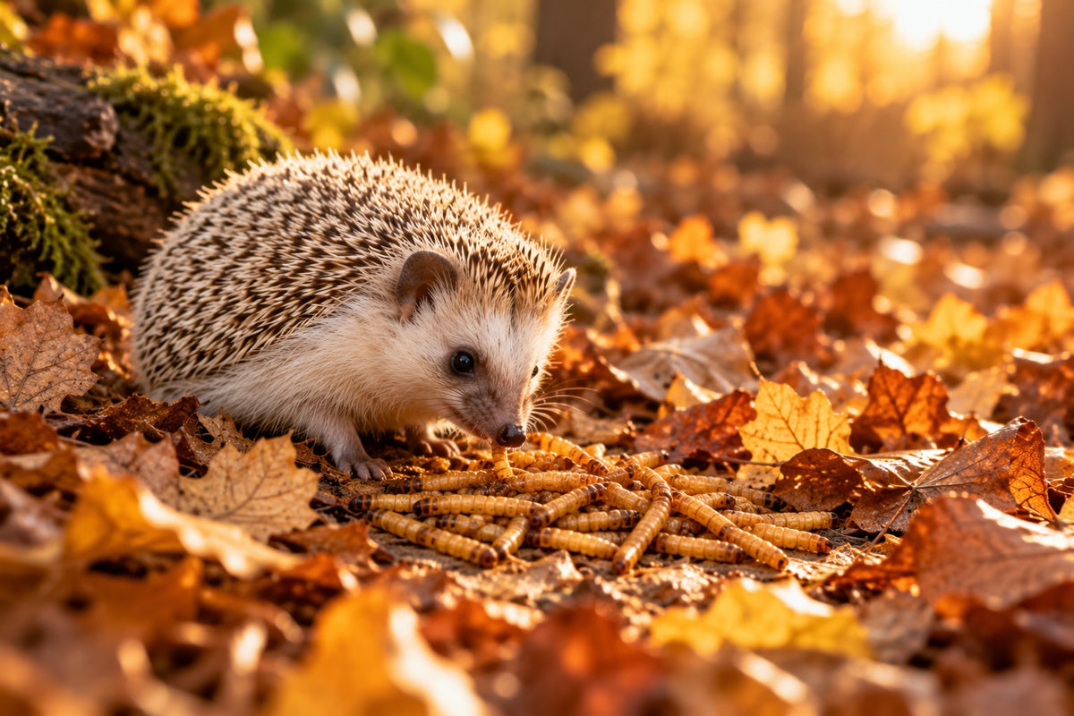 Igel im Herbstlaub schnuppert an getrockneten Mehlwürmern