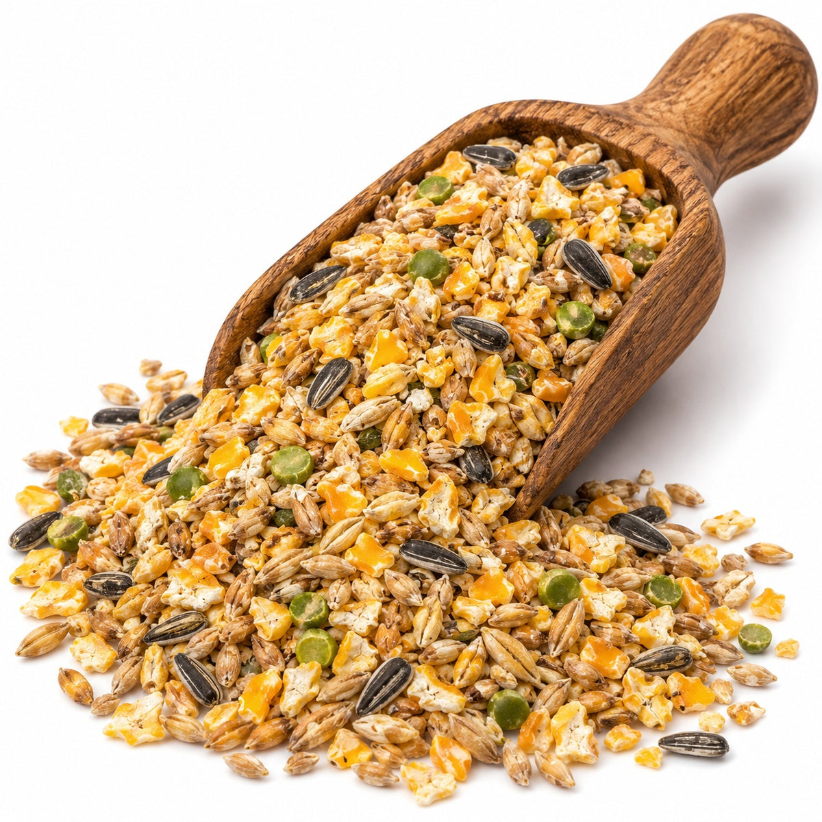 Körnerfutter Plus von Happy Farms – Körnermischung aus Mais, Weizen, Erbsen, Gerste, Sonnenblumenkernen und Milo auf einem Holzlöffel für Hühner und Geflügel