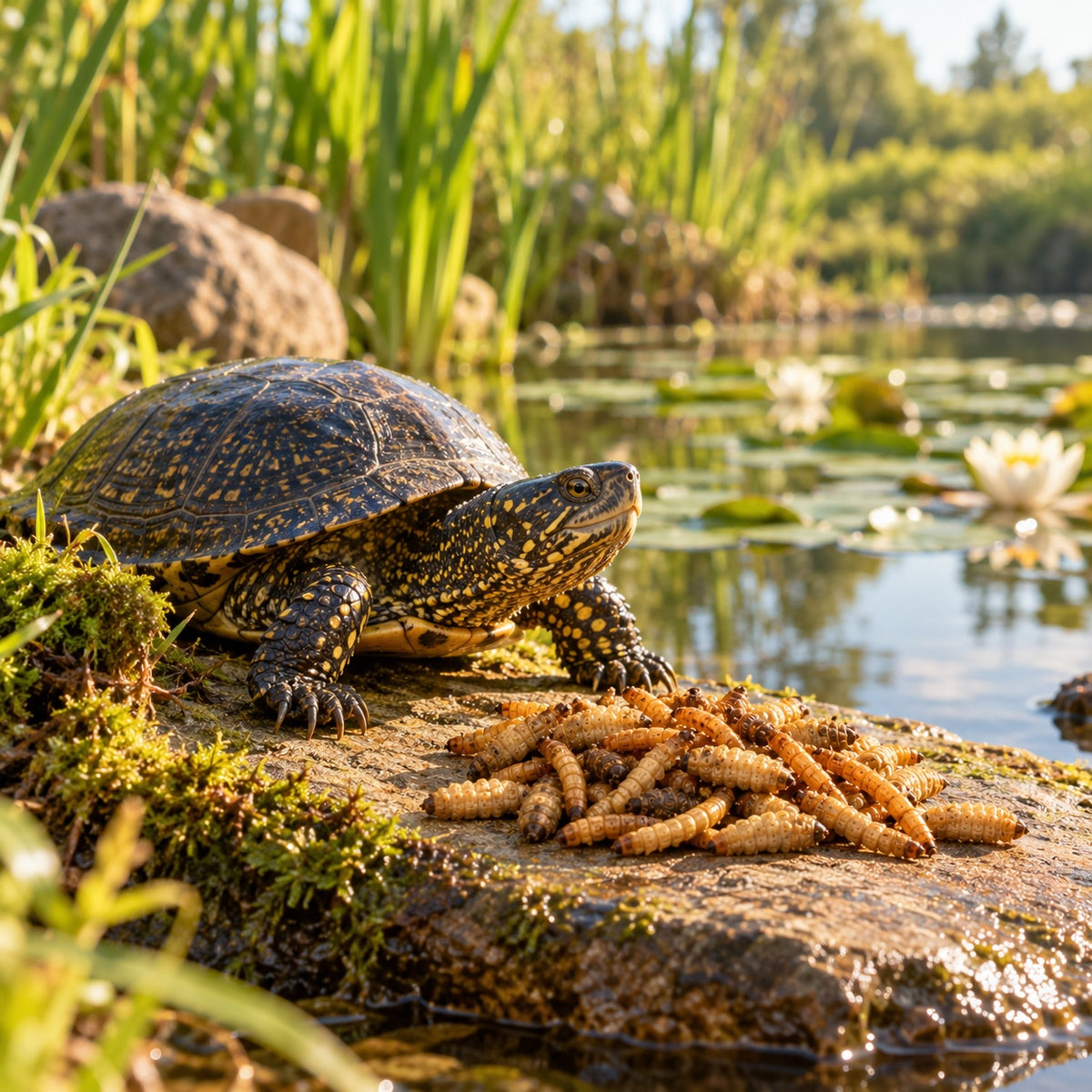 Schildkröte auf einem Stein am Teich neben getrockneten Soldatenfliegenlarven