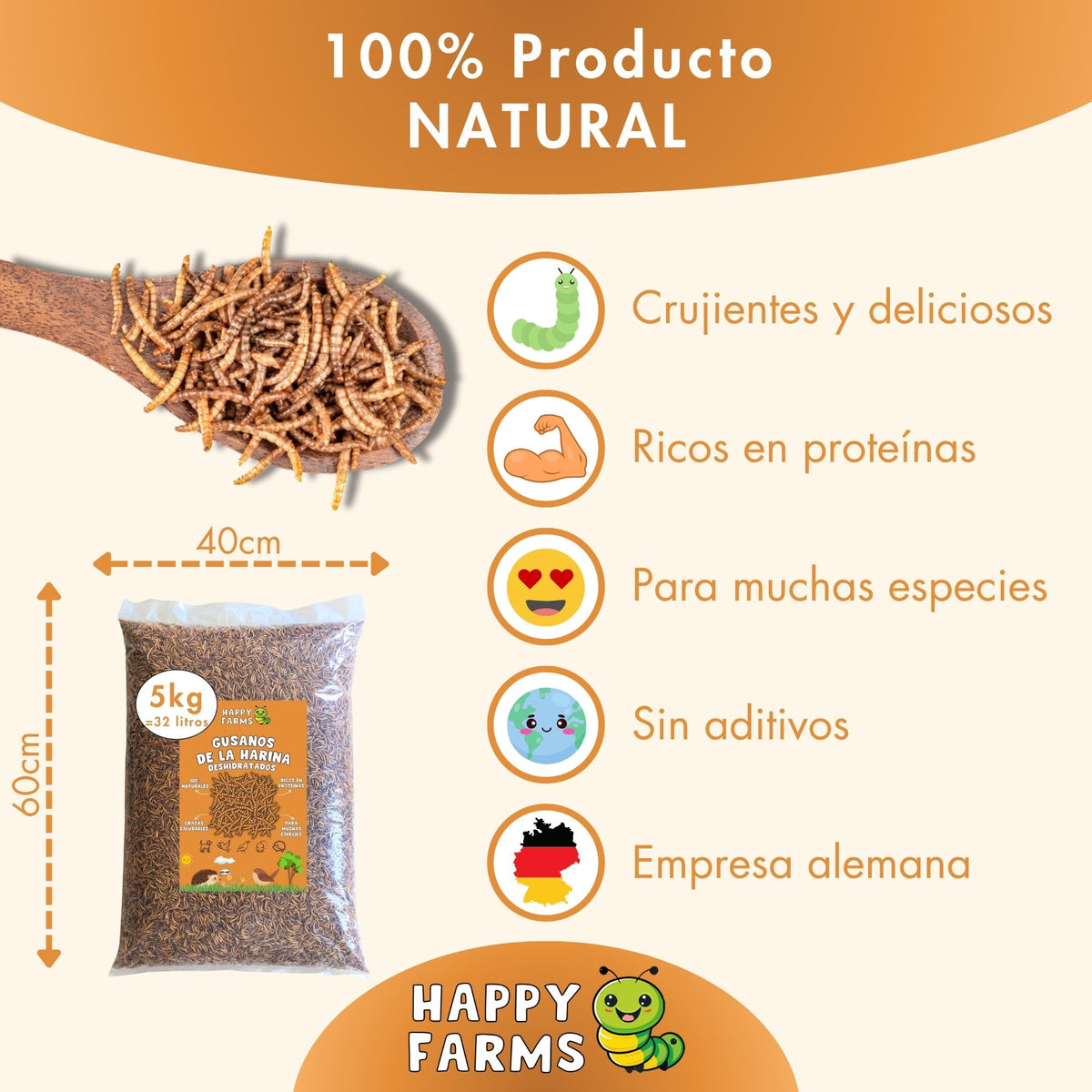 Gusanos de la harina deshidratados Happy Farms – imagen informativa del producto