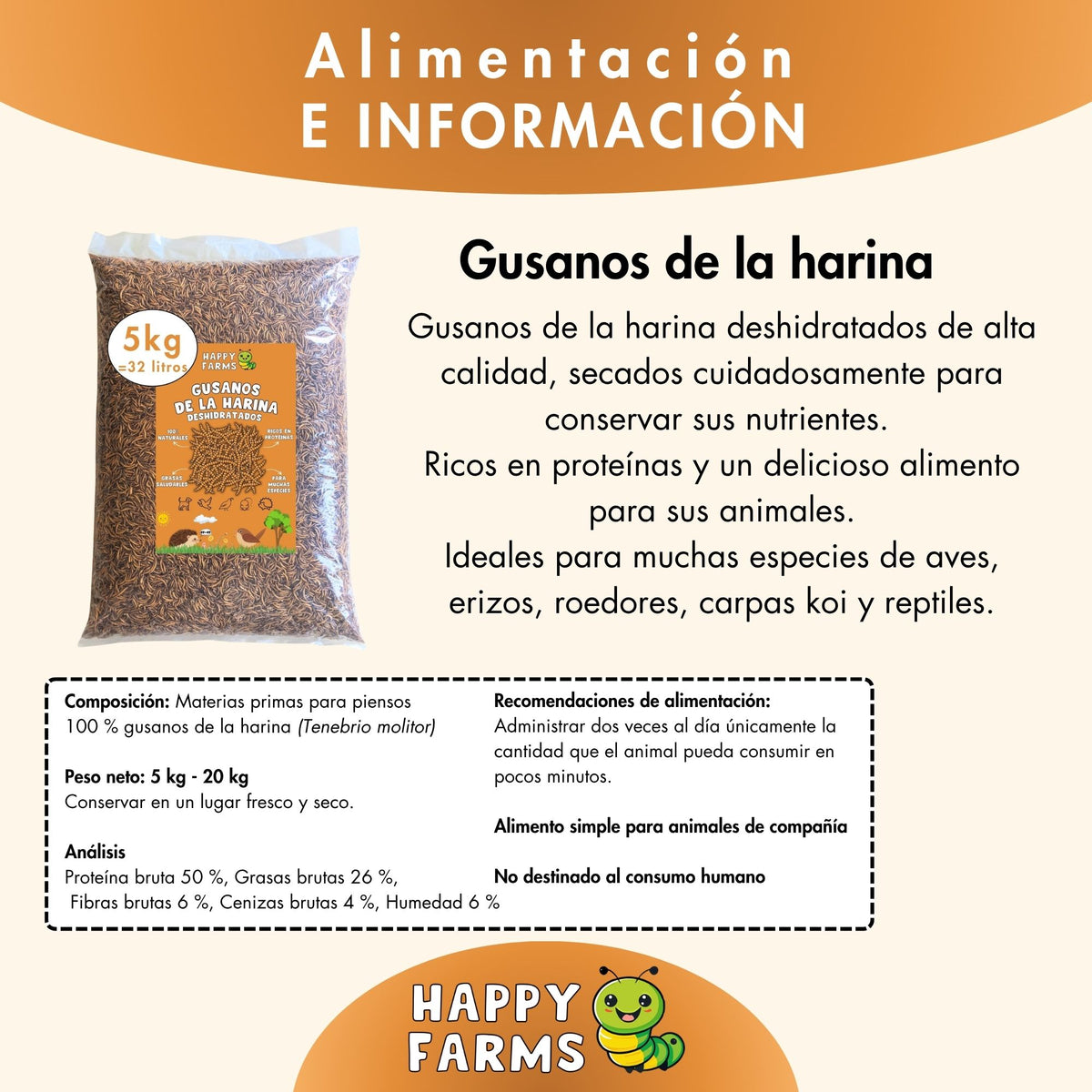 Gusanos de la harina deshidratados Happy Farms – imagen informativa del producto