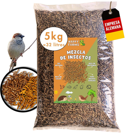 Mezcla de insectos deshidratados Happy Farms, bolsa de 5 kg – 50 % gusanos de la harina, 50 % larvas de mosca soldado negra