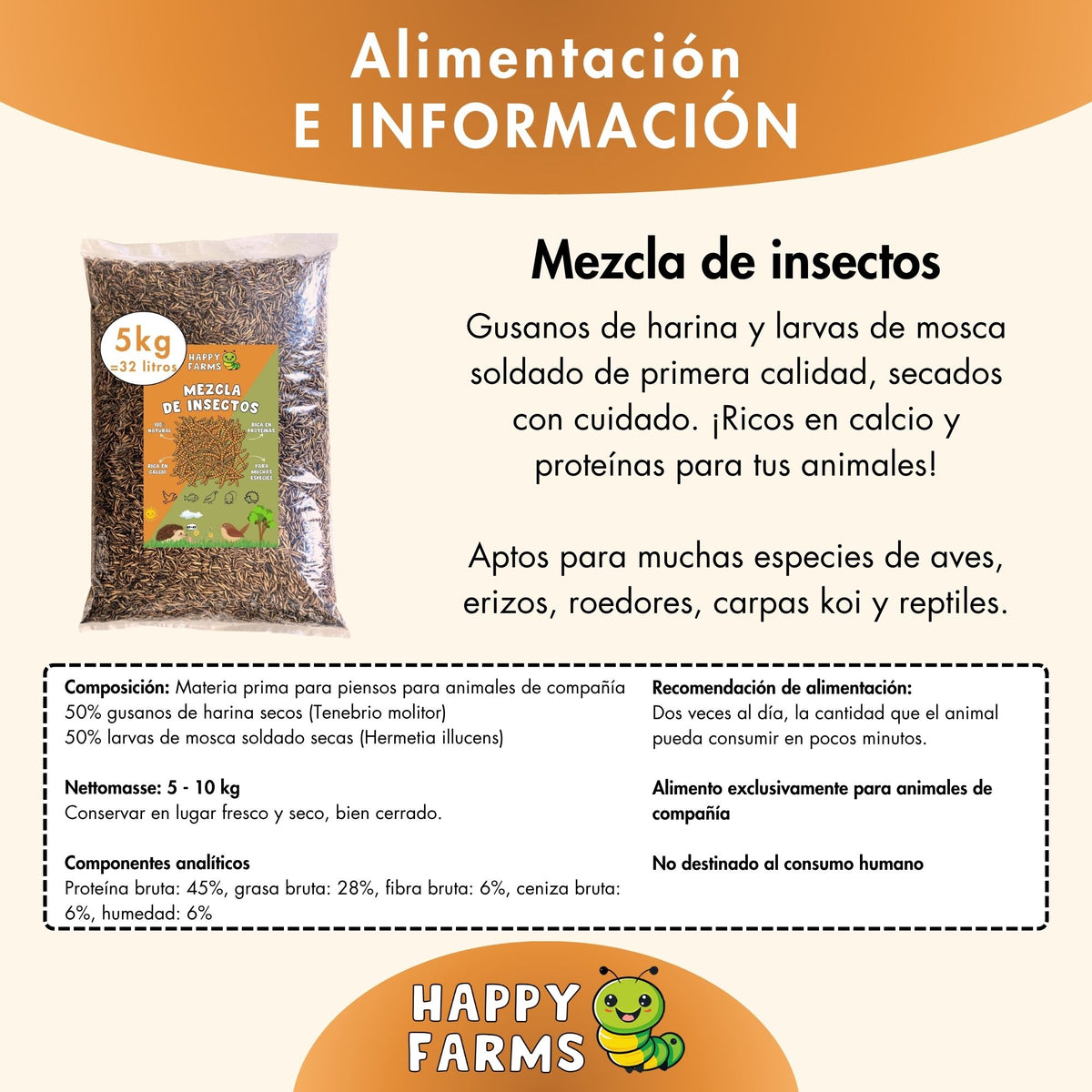 Mezcla de insectos deshidratados Happy Farms – imagen informativa del producto