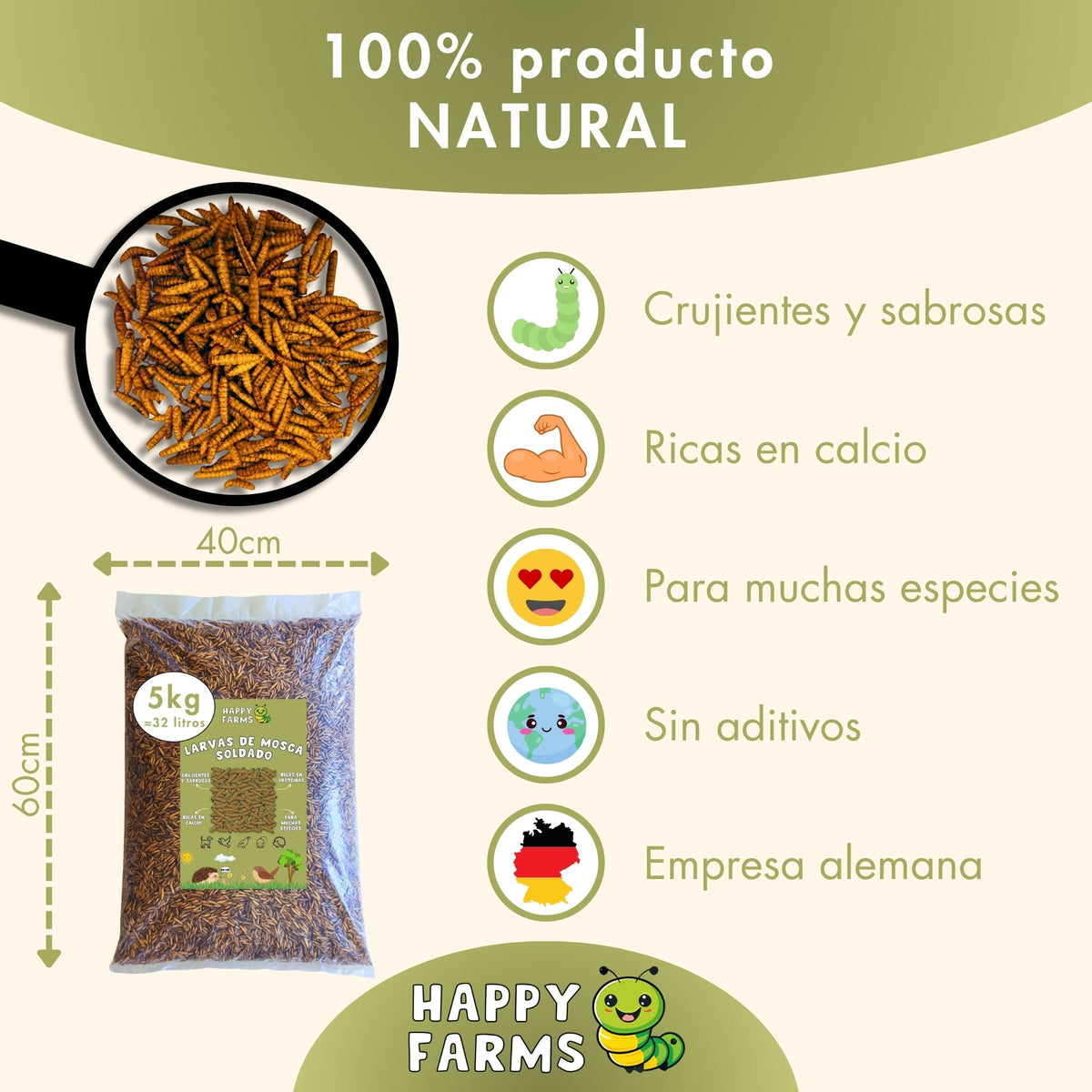 Larvas de mosca soldado negra deshidratadas Happy Farms – imagen informativa del producto