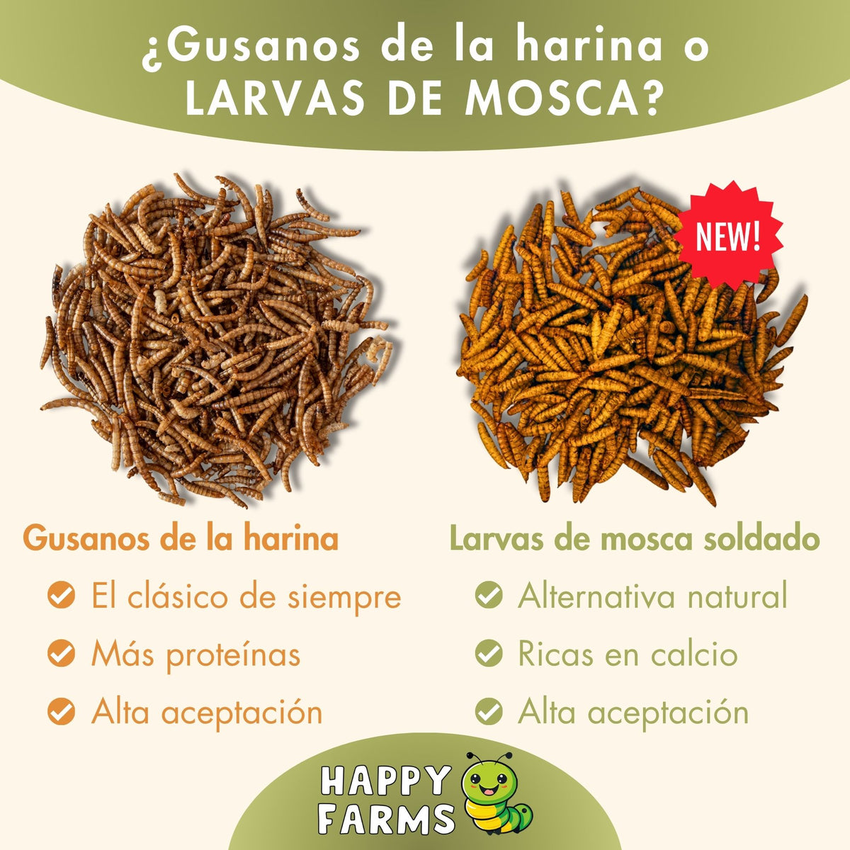 Larvas de mosca soldado negra deshidratadas Happy Farms – imagen informativa del producto