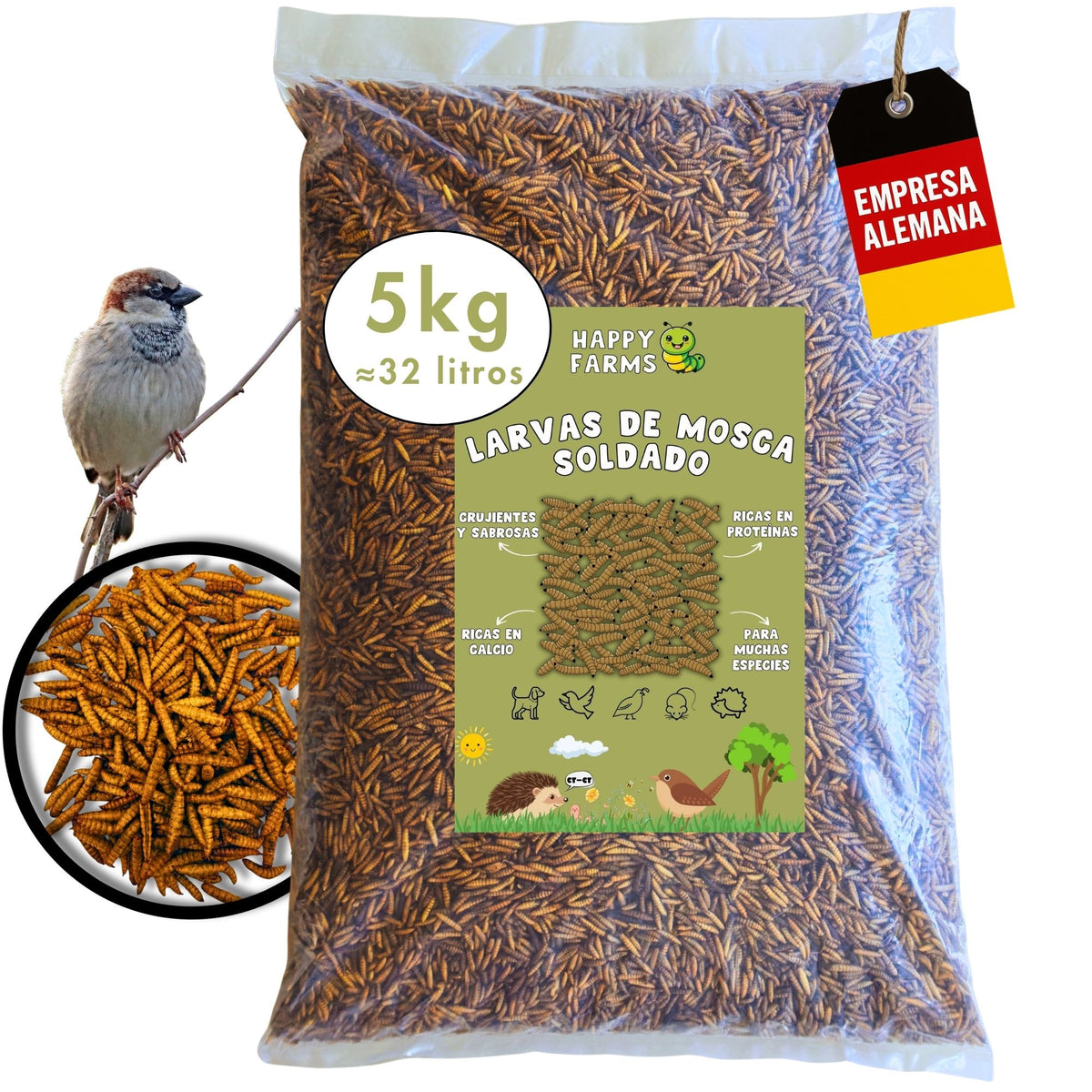 Larvas de mosca soldado negra deshidratadas Happy Farms, bolsa de 5 kg – para aves, gallinas y erizos